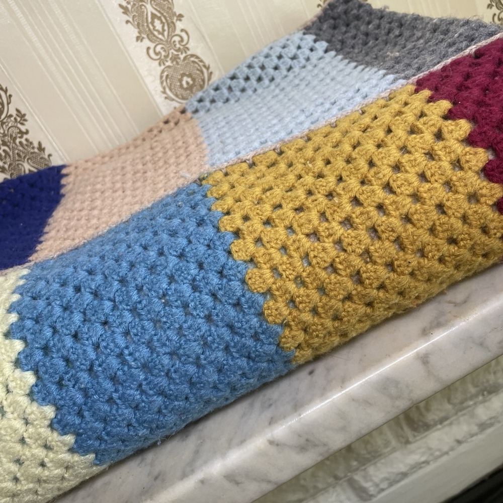 Vintage Handmade Throw Afghan Dark Knit 72 x 49" Squares